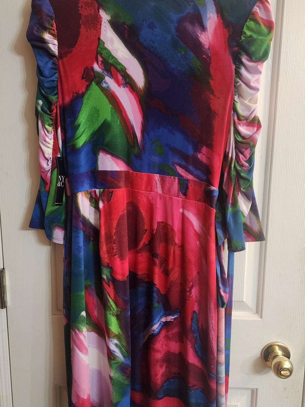 New York & Company Fuchsia Multicolor Watercolor Wrap Midi Dress - Picture 4 of 4